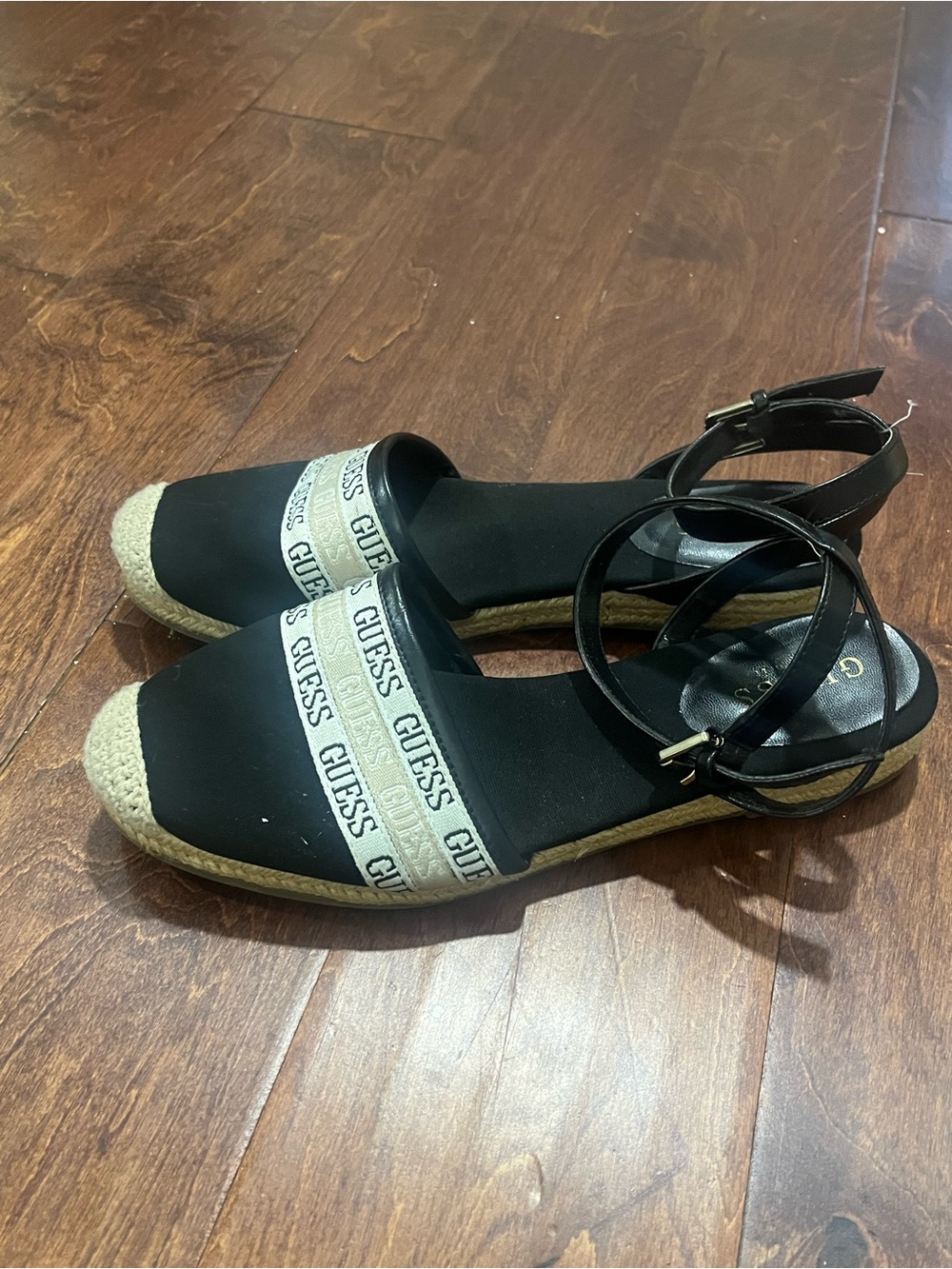 GUESS Black Espadrille Ankle-Strap Wedges with Logo Banding - Picture 11 of 12